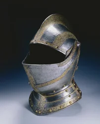 Lukk hjelm, ca. 1580 (etset og forgylt stål med messingnagler)