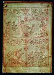 Codex 507 fol.2r Vever, skomaker, fiskere og jeger, fra Renner Musterbuch, ca. 1208-18