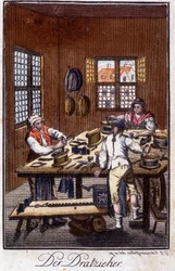 Håndverk: gullskytteren (båre eller sølvforskudd) i verkstedet hans. I "" Omfattende beskrivelse av kunst og håndverk og verksteder for ungdom"" av Johan Peter Vue. Ed. Nürnberg, Weigel og Schneider