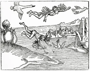 Daedalus, som rømmer fra Kreta med sønnen sin, Ikaros, ser ham falle i døden, 1493 (tresnittgravering)