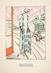 «Das Auto Ist Da!», reklame for kjole av Marie Latz, fra Styl, utgitt 1922 (pochoir-trykk)