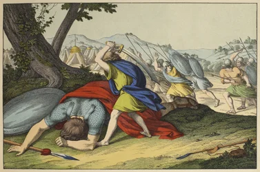 David og Goliat, illustrasjon fra LAncien Testament, utgitt av Jakob Ferdinand Schreiber, Esslingen (fargegravering)