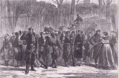 Nasjonalgardens tiende regiments avmarsj til de fremskutte postene, Cassells Historie om krigen mellom Frankrike og Tyskland, utgitt av Cassell and Company Limited, ca. 1890