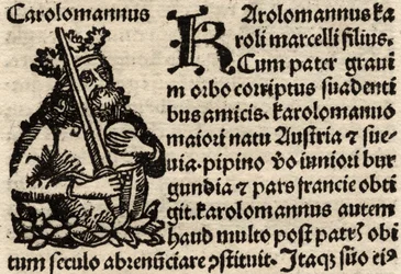 Detalj fra et originalt incunabelt blad, som viser Charlemagne (742-814) før 1500 (se også 237071)