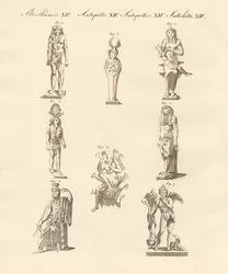 Egyptiske guddommeligheter (farget gravering)