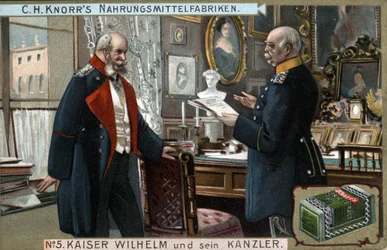Keiser Vilhelm I av Tyskland og Preussen (1797-1888) og kansler Otto von Bismarck (1815-1898) diskuterer politiske spørsmål. Kromolitografi, slutten av 1800-tallet.