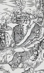 Gravering fra De re metallica (Om metallers natur), av Georg Pawer eller Georgius Agricola (1494-1555), utgitt i Basel