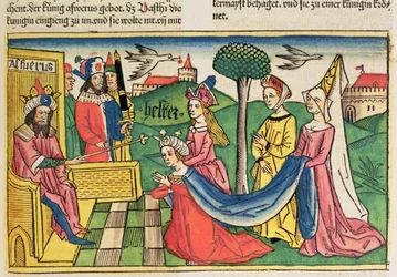 Esther 2 15-18, Esther er valgt til å være dronning av den persiske kong Ahasveros, fra Nürnbergbibelen (Biblia Sacra Germanaica) (farget tresnitt)