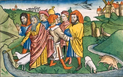 2. Mosebok 17 1-7 Moses får vannet til å strømme fra Harebs klipper, fra Nürnbergbibelen (Biblia Sacra Germanaica) (farget tresnitt)