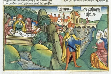 2. Mosebok 18 1 15-22 Begravelsen av Josef og historien om de hebraiske jordmødrene, fra 'Nürnbergbibelen (Biblia Sacra Germanaica)' (farget tresnitt)