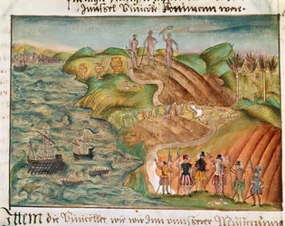 Ekspedisjonen lander i Venezuela, fra "Memoirs, biographical notes and poems, etc., of the Coeler family", ca. 1560-1632 (akvarell på papir)