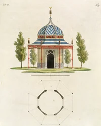 Eksteriør av et kinesisk hagetempel, fra Recent New Ideas for the Garden, utgitt 1779 (fargegravering) (se også 170864)