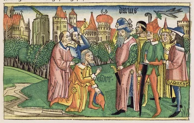 Ezra 6 16 Jerusalems tempel er innviet av kong Darius, fra Nürnbergbibelen (Biblia Sacra Germanaica) (farget tresnitt)