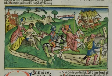 Faksimilekopi av Job: Frontispice, Job blir skjelt ut av sin kone, huset og familien hans ødelagt av en orkan og husdyrene hans stjålet, fra Nürnbergbibelen (Biblia Sacra Germanaica) (farget