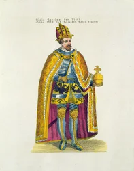 Stiftelsen av det tyske universitetet i 1348 i Praha av den hellige romerske keiser Charles IV (1316-78), postkort fra det tidlige tjuende århundre