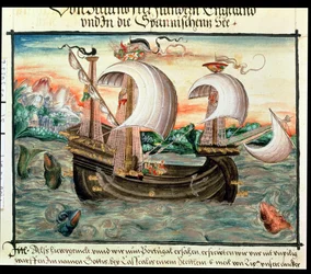 Gallion i full seil på vei til Portugal, illustrert av Color (eller Keller) familien til Nürnberg (vellum)