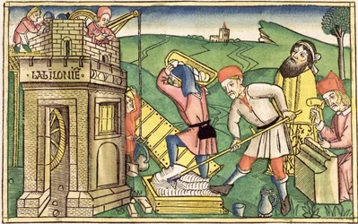 1. Mosebok 11 1-9 Bygge Babelstårnet, fra Nürnbergbibelen (Biblia Sacra Germanaica) (farget tresnitt)