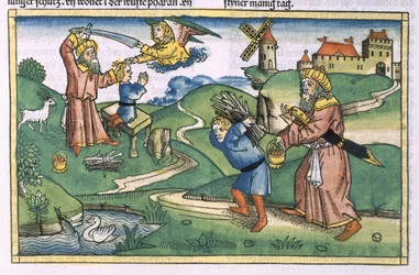 1. Mosebok 21 1-14 Abrahams ofring av Isak, fra Nürnbergbibelen (Biblia Sacra Germanaica) (farget tresnitt)