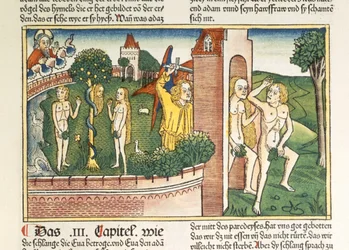 1. Mosebok 3 1-24 Fristelsen og utdrivelsen fra paradiset, fra Nürnbergbibelen (Biblia Sacra Germanaica) (farget tresnitt)