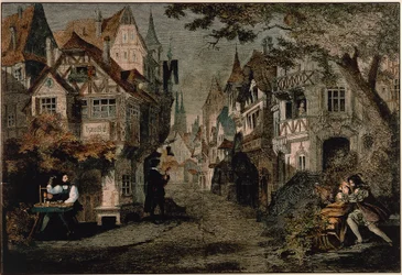 Hans Sachs, scene 2 fra 'Die Meistersinger' av Richard Wagner (farget gravering)