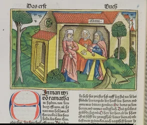 I Samuel 1:8 Elkana trøster Hanna, fra Nürnbergbibelen (Biblia Sacra Germanaica) (farget tresnitt)