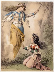 Illustrasjon av Franz Hoffmanns fortellinger "" Tales and Fables - The 3 Gifts"": ønsket oppfylt av en fe. Kromolitografi fra 1800-tallet.