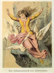 Illustrasjon av Franz Hoffmanns fortellinger "" Tales and Fables - Von Schmerzen Reich und Gold¿kuchen"": en kvinne omgitt av tre fugler. Kromolitografi fra 1800-tallet.