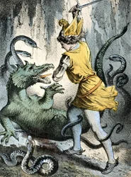 Illustrasjon av Franz Hoffmanns fortellinger "" Tales and Fables"": "" Von Wunderhold und Tausendsch¿n"" (en mann som dreper et monster eller en drage). Kromolitografi fra 1800-tallet.