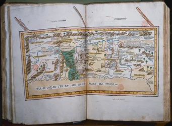 Inc. 425 Kart over det hellige land, basert på beskrivelser og koordinater gitt i Cosmographica, av Ptolemaios (Claudius Ptolemaeus av Alexandria) (ca. 90-168 e.Kr.) utgitt i Ulm, Tyskland, av Johann Reger fo