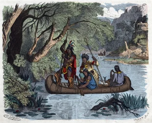 Indianere som fisker ombord i en kano på en elv i Amerika. I "" Wenn Jemand eine Reise thut, so kann er was erzahlen"" (Når noen reiser, dette er det han kan fortelle), tysk fortelling av Franz Wiedemann