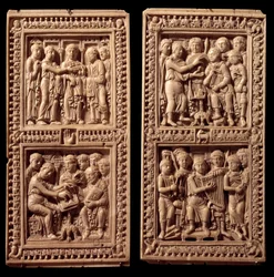 Elfenbensbindinger av Dagulf-psalteren: David, Saint Hieronymus. Det ble bestilt av Karl den Store til skriveren Dagul (eller Dagulfe) for pave Adrien I. Slutten av det 8. århundre. Fra Aix la Chapelle. Paris, Louvre-museet