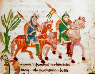 Riddere med hester Miniatyr fra manuskriptet "" De Universo" eller "" De rerum naturis"" (Tingenes natur) av Rabanus Maurus Magnentius (eller Raban Maur eller Rabano Mauro, ca. 780-856). 9. århundre. Arkiv for Monte Cassino Abbey (Mount Cassin)