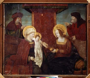 Den hellige familie (hellig slektskap). Maleri av en tysk mester (1500-tallet). Olje på tre, 95 x 113 cm, ca 1520. Tysk skole, renessanse. Pushkin Museum of Fine Arts, Moskva.