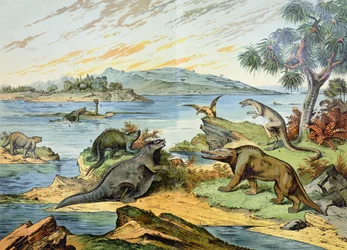Landskap som skildrer krittperioden (for 146 til 65 millioner år siden), illustrasjon fra Naturhistorie om mineralogi og paleontologi av G. H. von Schubert, 1888