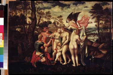 ""The judgment of Paris"" Hyrden Paris må velge hvem han vil gi gulleplet for å utpeke den vakreste av de tre gudinnene, Athena, Afrodite eller Hera. Maleri av den tyske skolen på 1500-tallet. Pushkin-museet i Moskva
