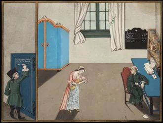 Mann som skriver på en dør og et butikkinteriør