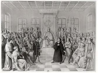 Martin Luther foran Charles V (1500-58) på Diet of Worms, 16. april 1521, fra 