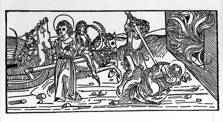 Martyrium av Saint Polycarp av Smyrna (ca. 69-155), eveque. Gravering fra "Lives of the Saints - Summer Part (book of the helgen)" av Jacobus (James) av Voragine (1228-1298)