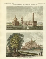 Moskeer og pagoder i Hindustan (farget gravering)