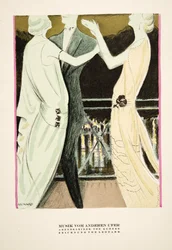 «Musikk fra den andre kysten», reklame for aftenkjoler av Kuhnen, fra Styl, utgitt 1922 (pochoir-trykk)