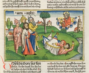 Nummer 16 32 Jorden svelger opprørerne Dathan og Abiram, fra Nürnbergbibelen (Biblia Sacra Germanaica) (farget tresnitt)