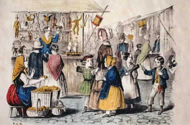 Friluftsmarked i Tyskland, ca. 1860 (fargegravering)