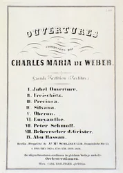 Side med presentasjon av ouverturer fra ulike operaer av Carl Maria von Weber (litho)