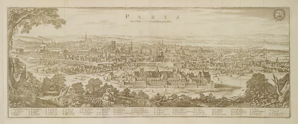 Panoramautsikt over Paris i 1620, fra Topographia Galliae av Martin Zeiller (1589-1661) publisert 1655