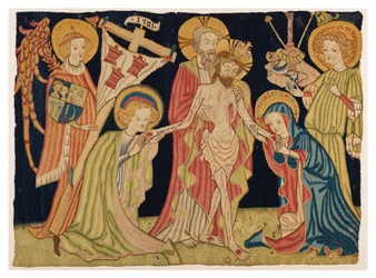 En del av alterets frontteppe som viser Den hellige treenighet, jomfruen, Johannes og to engler, fra Nürnberg, ca. 1420 (ull og lin)