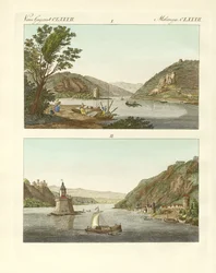 Pittoresk utsikt over Rhinen (farget gravering)