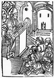 Portrett av Albertus Magnus med noen av hans elever, illustrasjon til tittelsiden til Epitomata, reparasjoner eller hele Aristoteles naturfilosofi. av Gerardus de Harderwyck, utgitt 14