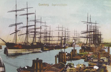 Postkort av seilskutehavnen i Hamburg, ca. 1900 (farget bilde)