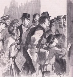 Leser nyhetene i Berlin, Cassells historie om krigen mellom Frankrike og Tyskland utgitt av Cassell and Company Limited, ca. 1890 (litho)