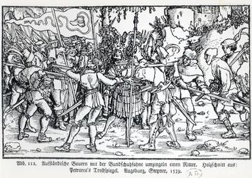 Opprørsbønder som omgir en ridder, fra en illustrasjon til Trostspiegel av Petrarch, 1539